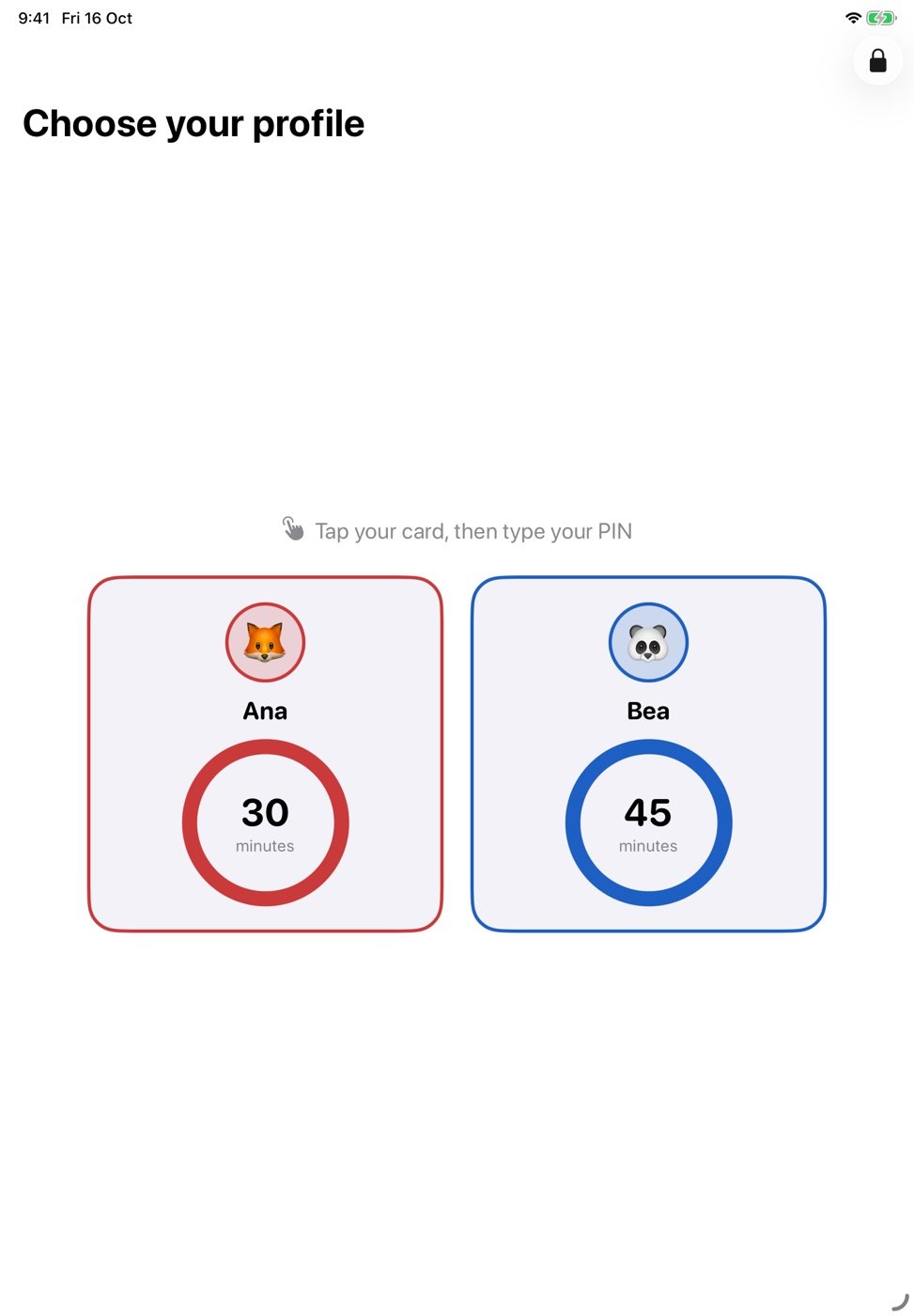 Profile picker with two children and their minutes left