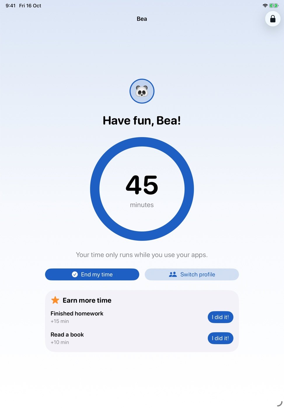 A child’s session screen with a ring showing 45 minutes