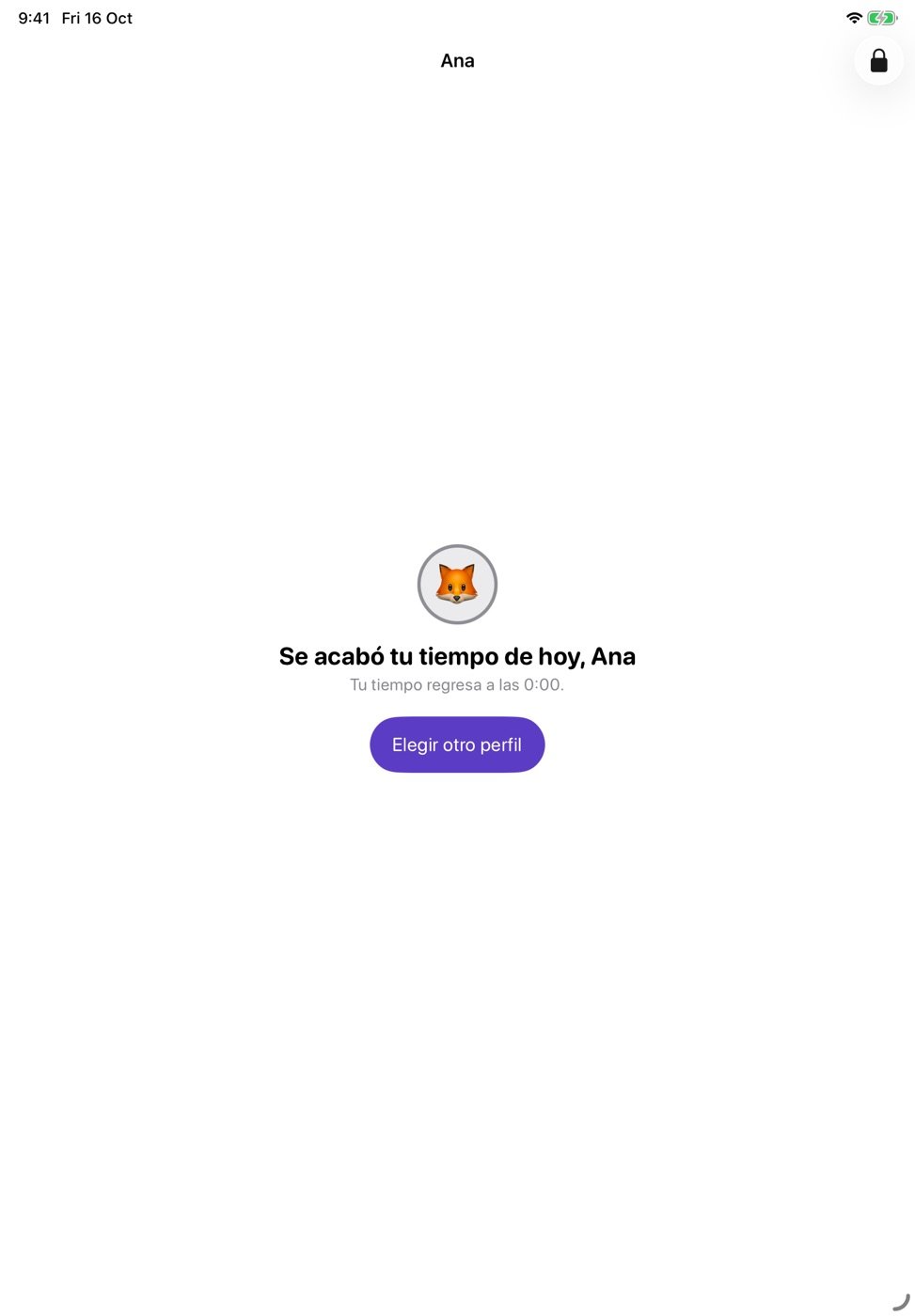Pantalla que le avisa al niño que se acabó su tiempo de hoy