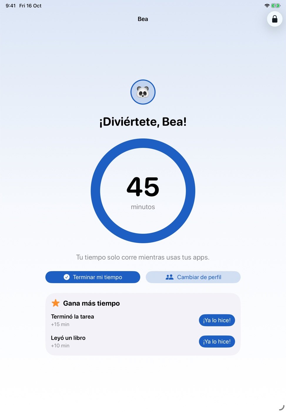 Pantalla de la sesión de un niño con un anillo de 45 minutos